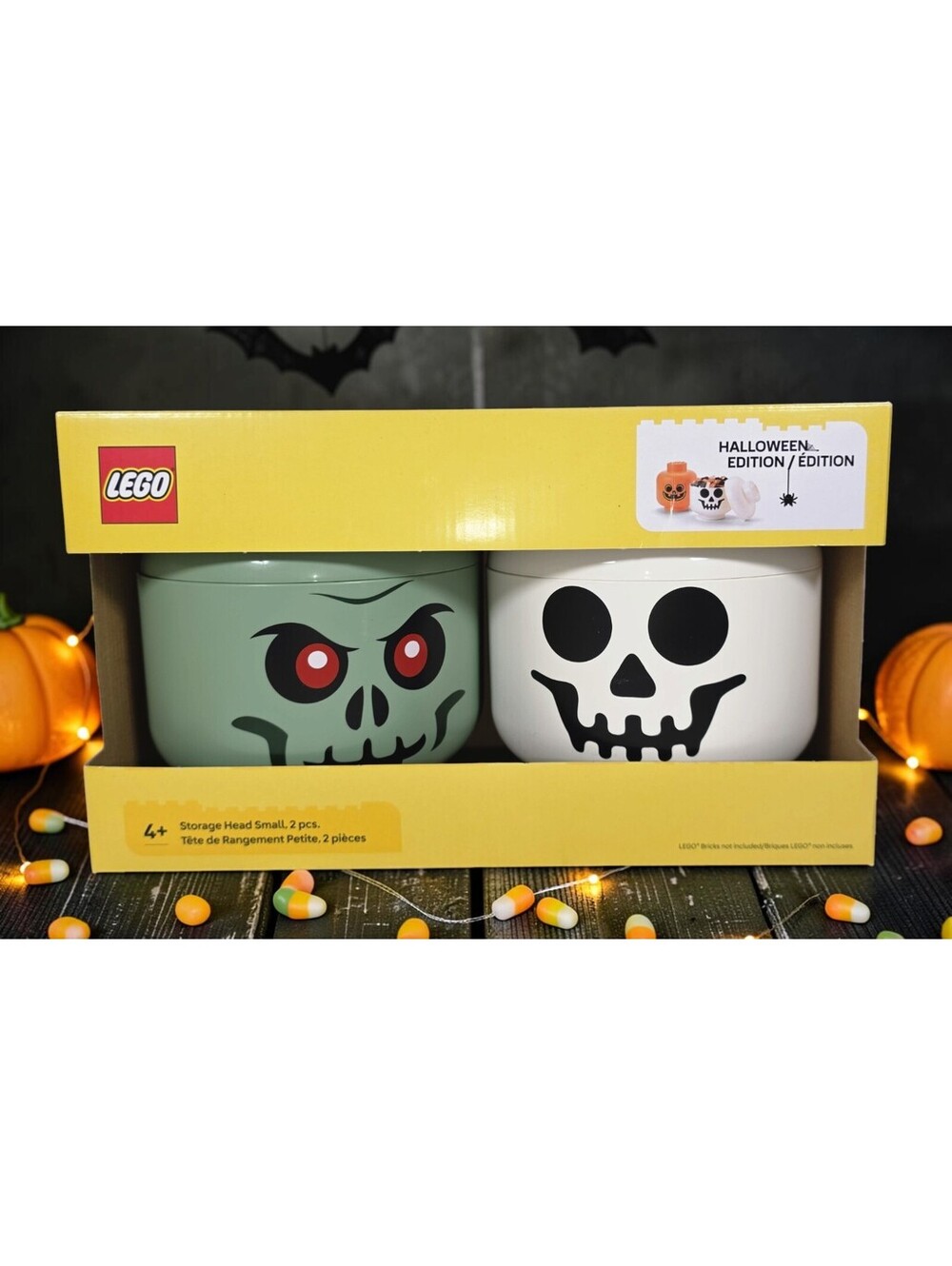 LEGO Halloween Storage Heads Small 2 Pc Zombie Skeleton Spooky Skull NIB
